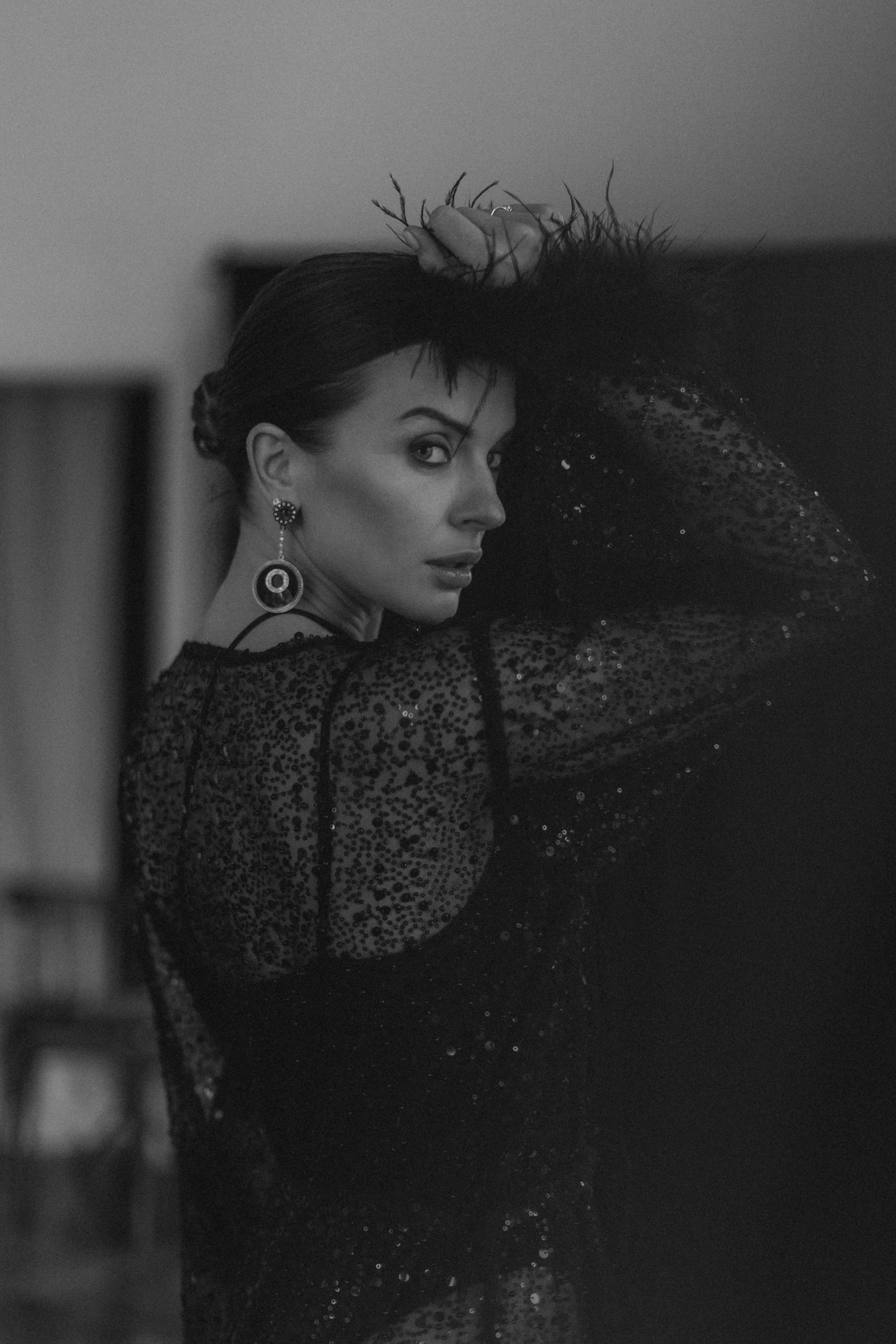 Enchanting Night - Black Sheer Robe with Beads, Sequins, and Feathered Sleeves