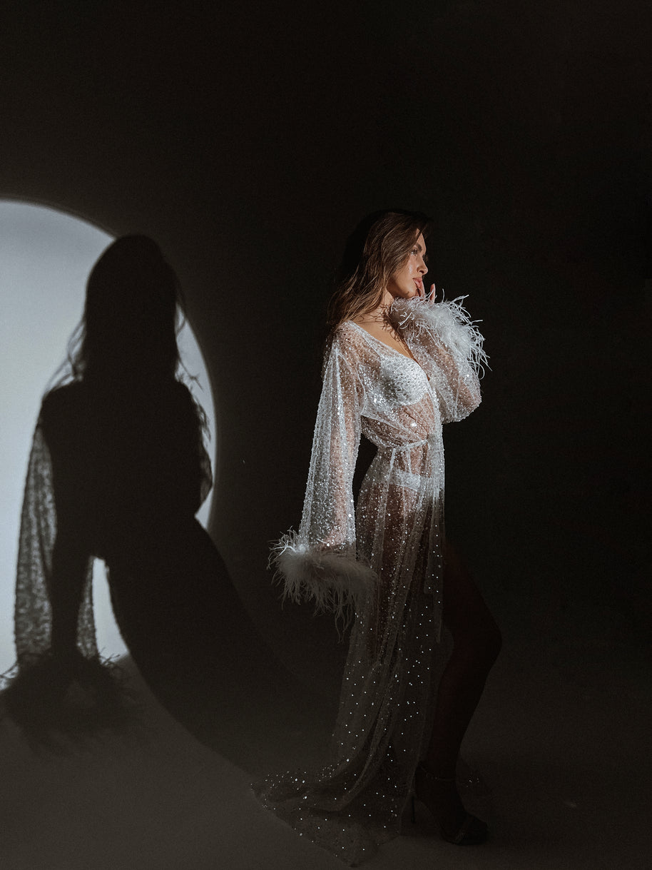 Celestial Sparkle Bridal Robe with Feathers
