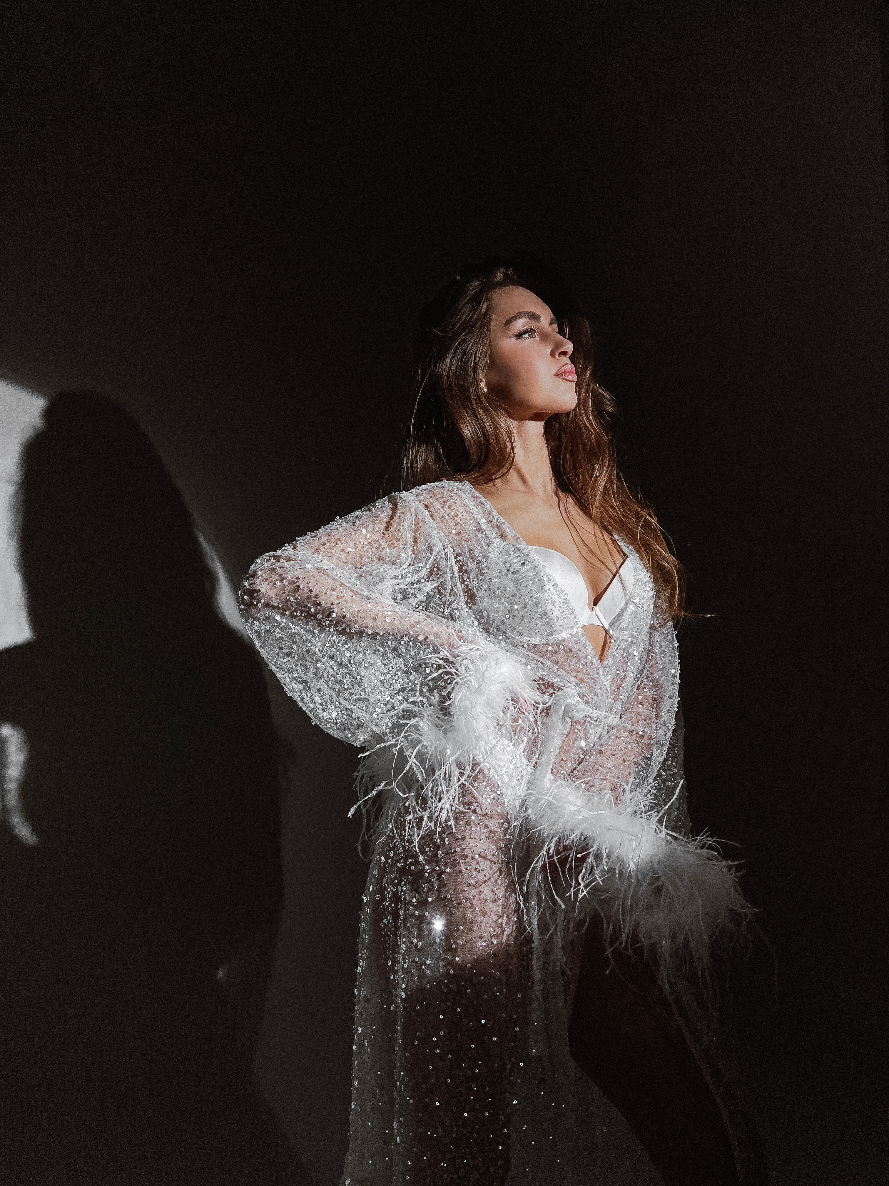 Celestial Sparkle Bridal Robe with Feathers