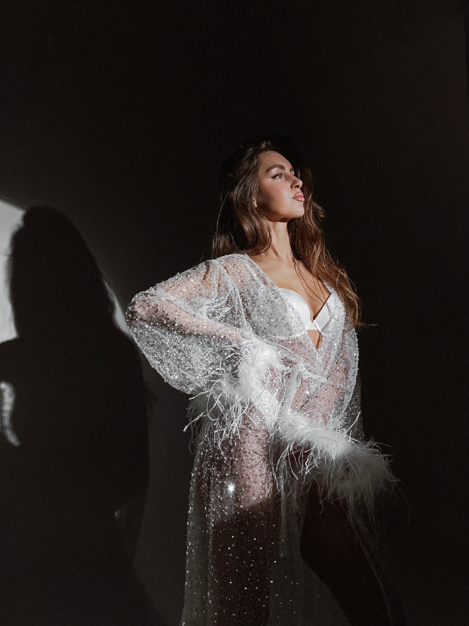 Celestial Sparkle Bridal Robe with Feathers