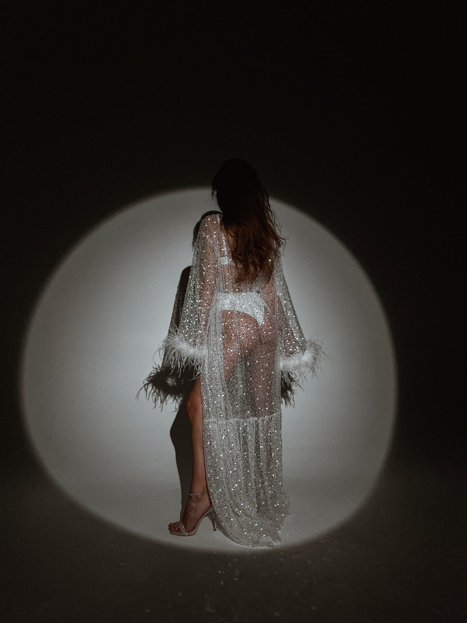 Celestial Sparkle Bridal Robe with Feathers