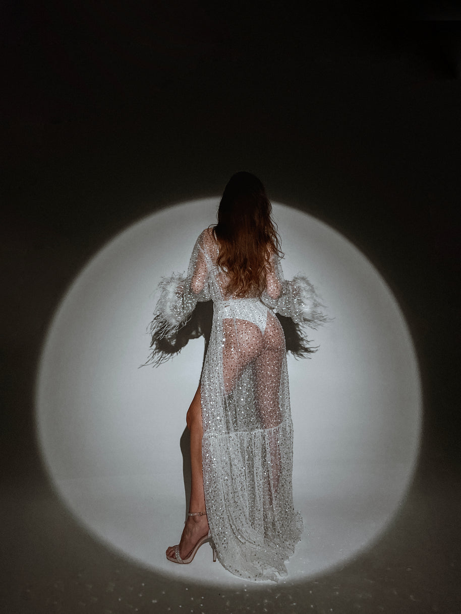 Celestial Sparkle Bridal Robe with Feathers