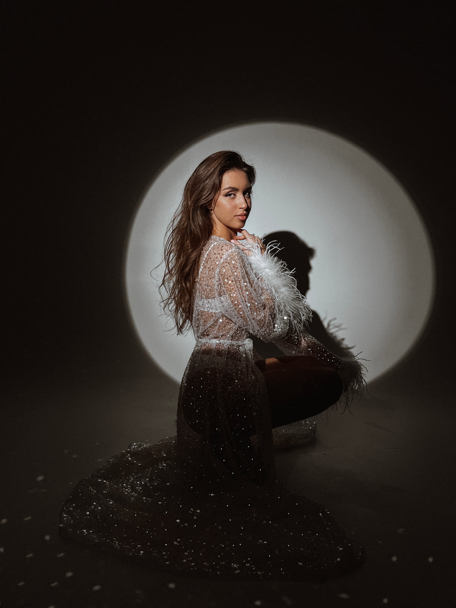 Celestial Sparkle Bridal Robe with Feathers