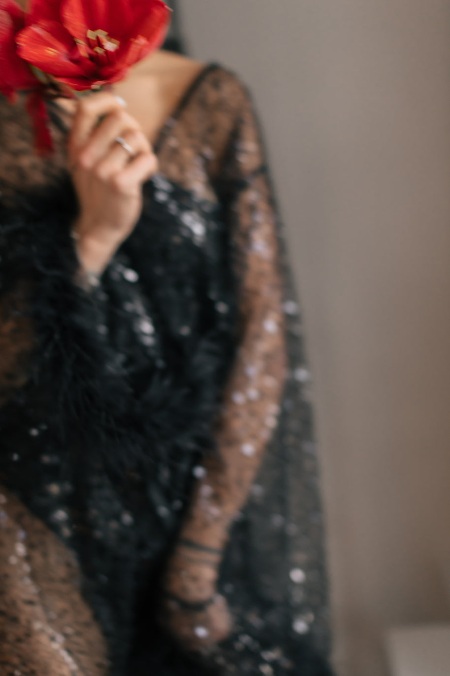 Enchanting Night - Black Sheer Robe with Beads, Sequins, and Feathered Sleeves