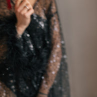 Enchanting Night - Black Sheer Robe with Beads, Sequins, and Feathered Sleeves