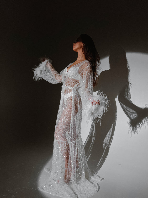Celestial Sparkle Bridal Robe with Feathers