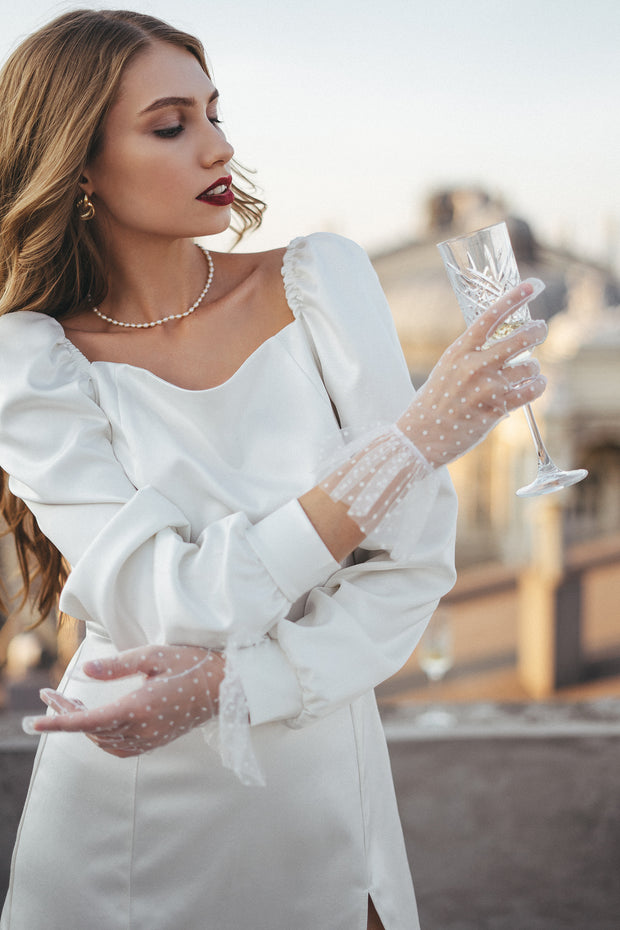 White sheer polka dot gloves with ruffle