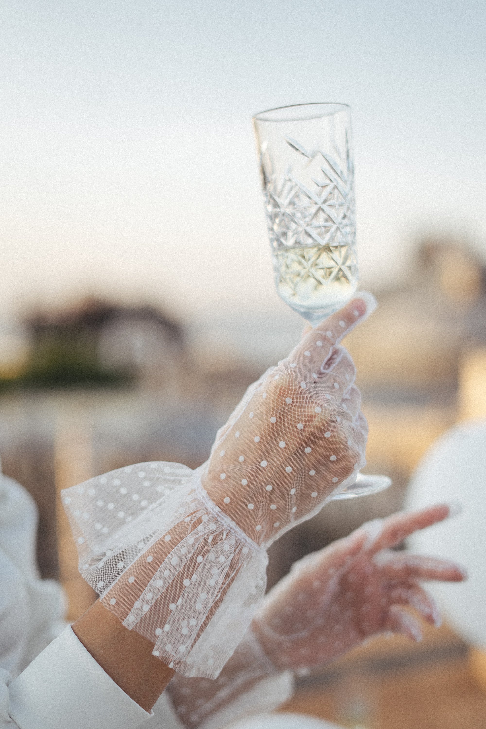 White sheer polka dot gloves with ruffle