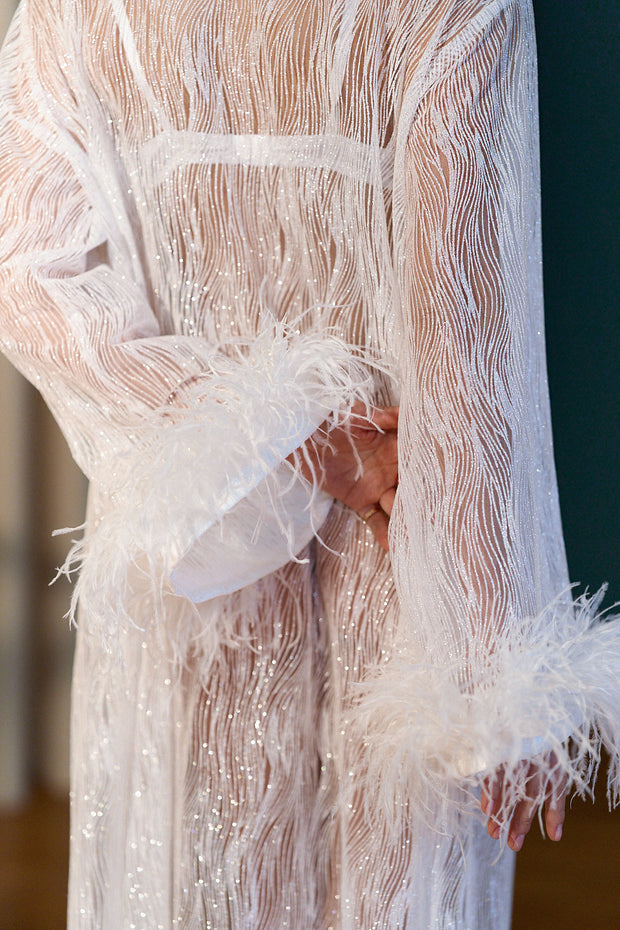 Valerie - Long Shiny Robe with Feather Sleeves