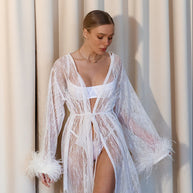 Valerie - Long Shiny Robe with Feather Sleeves