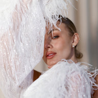 Valerie - Long Shiny Robe with Feather Sleeves