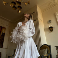 Lilou - White satin wedding robe with feathers