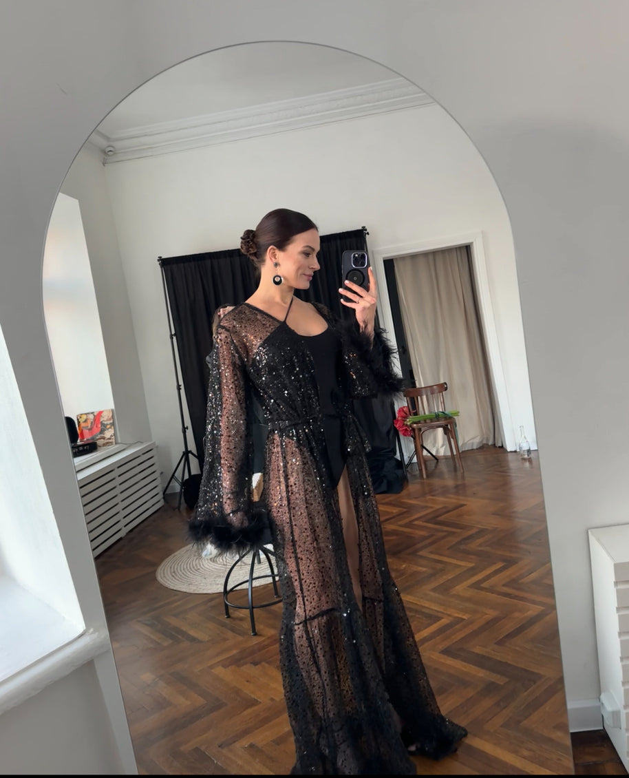 Enchanting Night - Black Sheer Robe with Beads, Sequins, and Feathered Sleeves