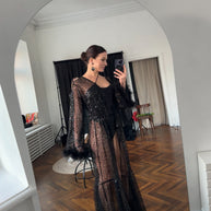 Enchanting Night - Black Sheer Robe with Beads, Sequins, and Feathered Sleeves