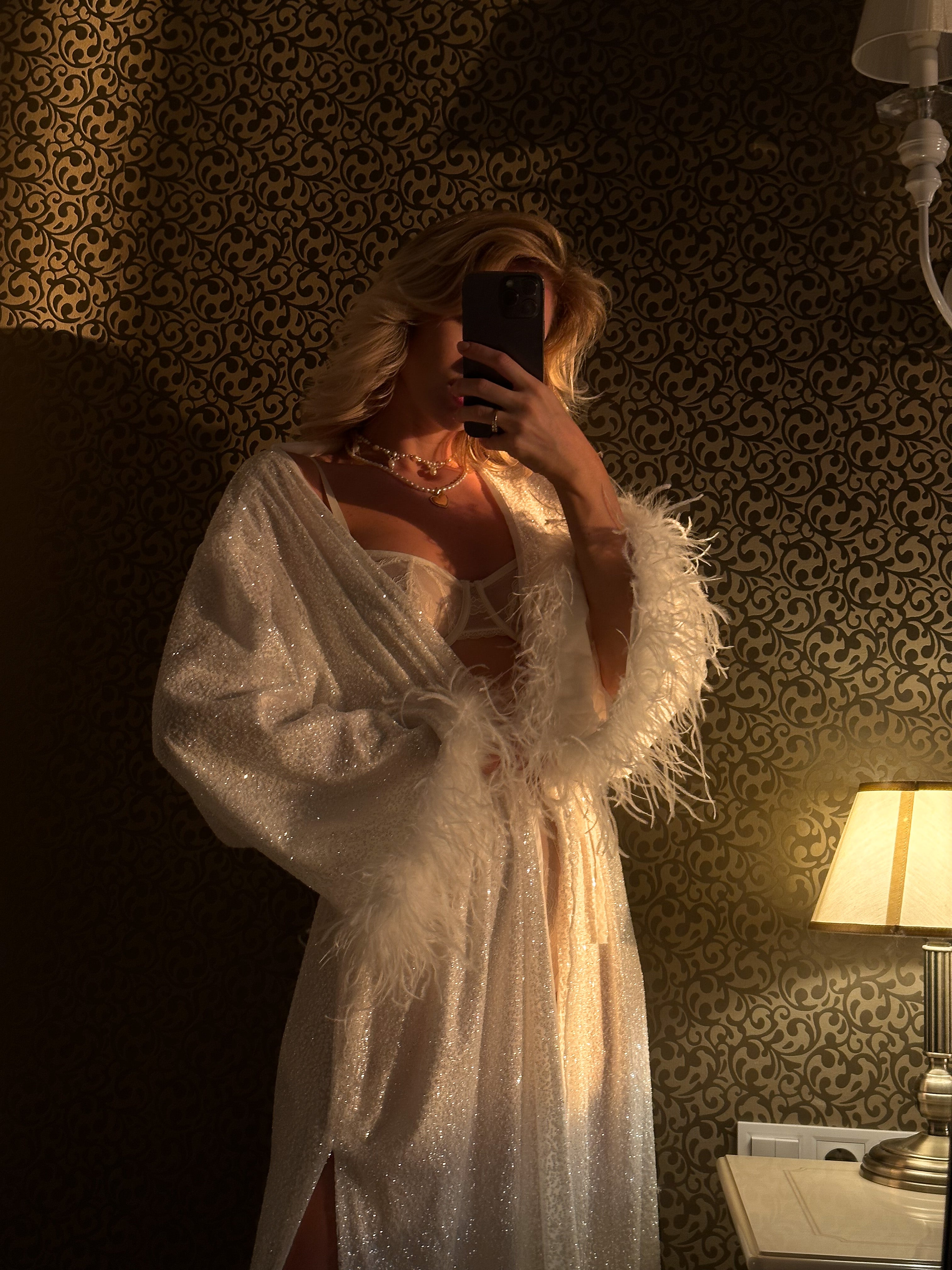 Cleo - White Glitter Bridal Robe: Feather Trim Wedding Gown