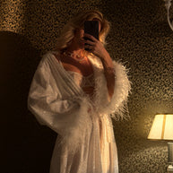 Cleo - White Glitter Bridal Robe: Feather Trim Wedding Gown