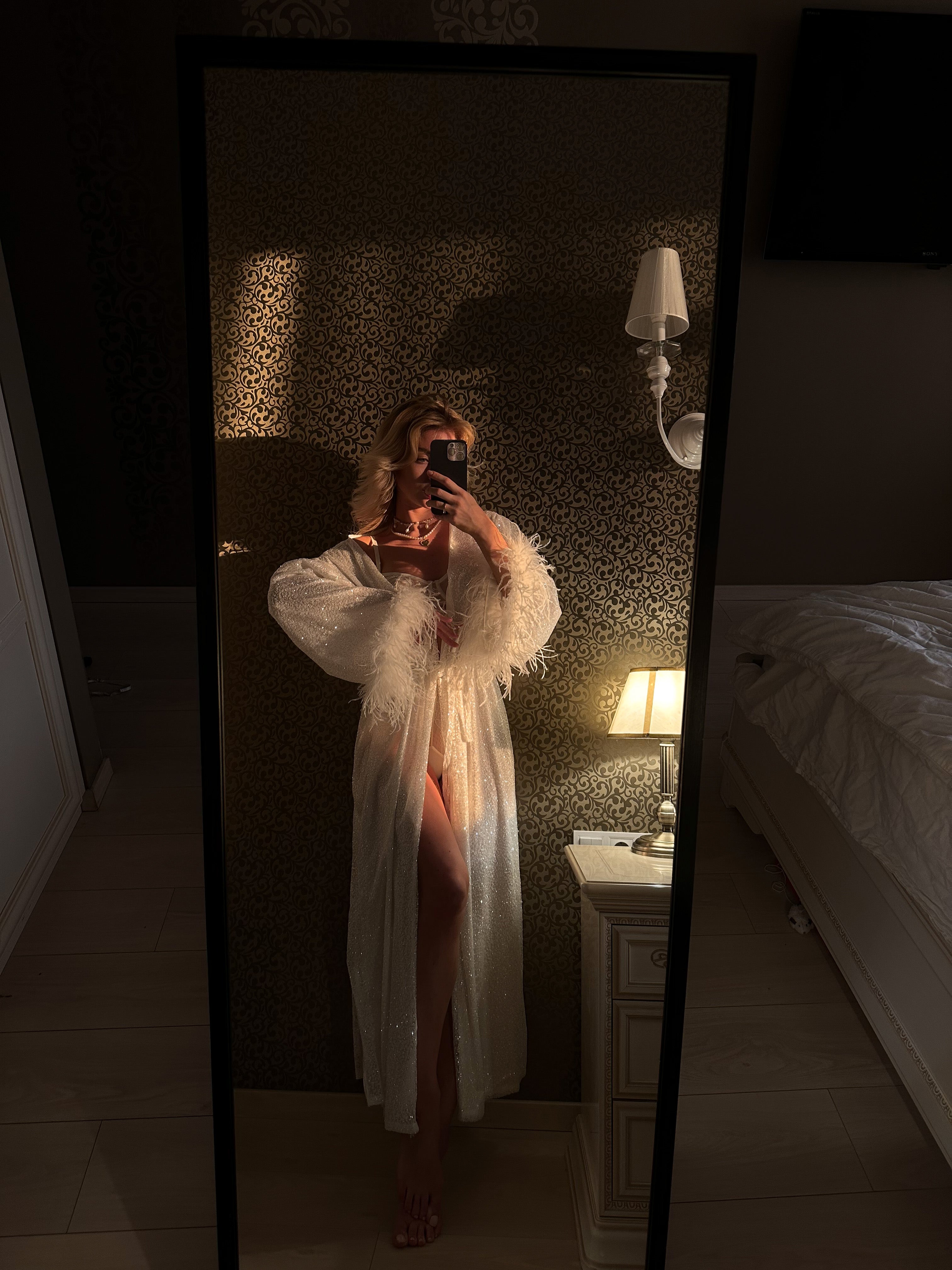 Cleo - White Glitter Bridal Robe: Feather Trim Wedding Gown