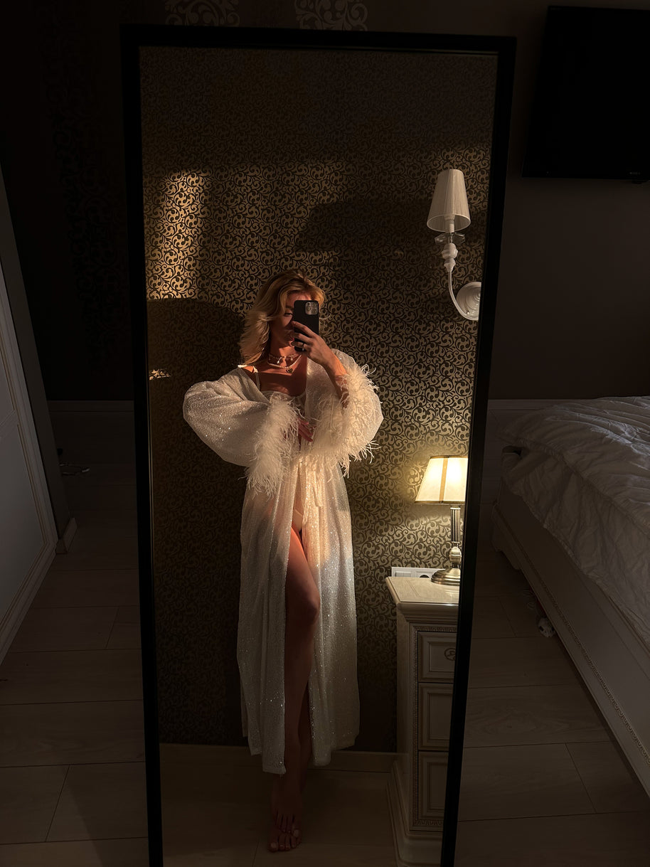 Cleo - White Glitter Bridal Robe: Feather Trim Wedding Gown
