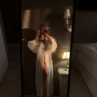Cleo - White Glitter Bridal Robe: Feather Trim Wedding Gown