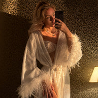 Cleo - White Glitter Bridal Robe: Feather Trim Wedding Gown