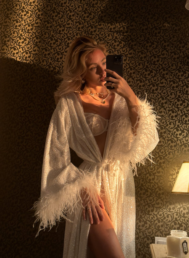 Cleo - White Glitter Bridal Robe: Feather Trim Wedding Gown