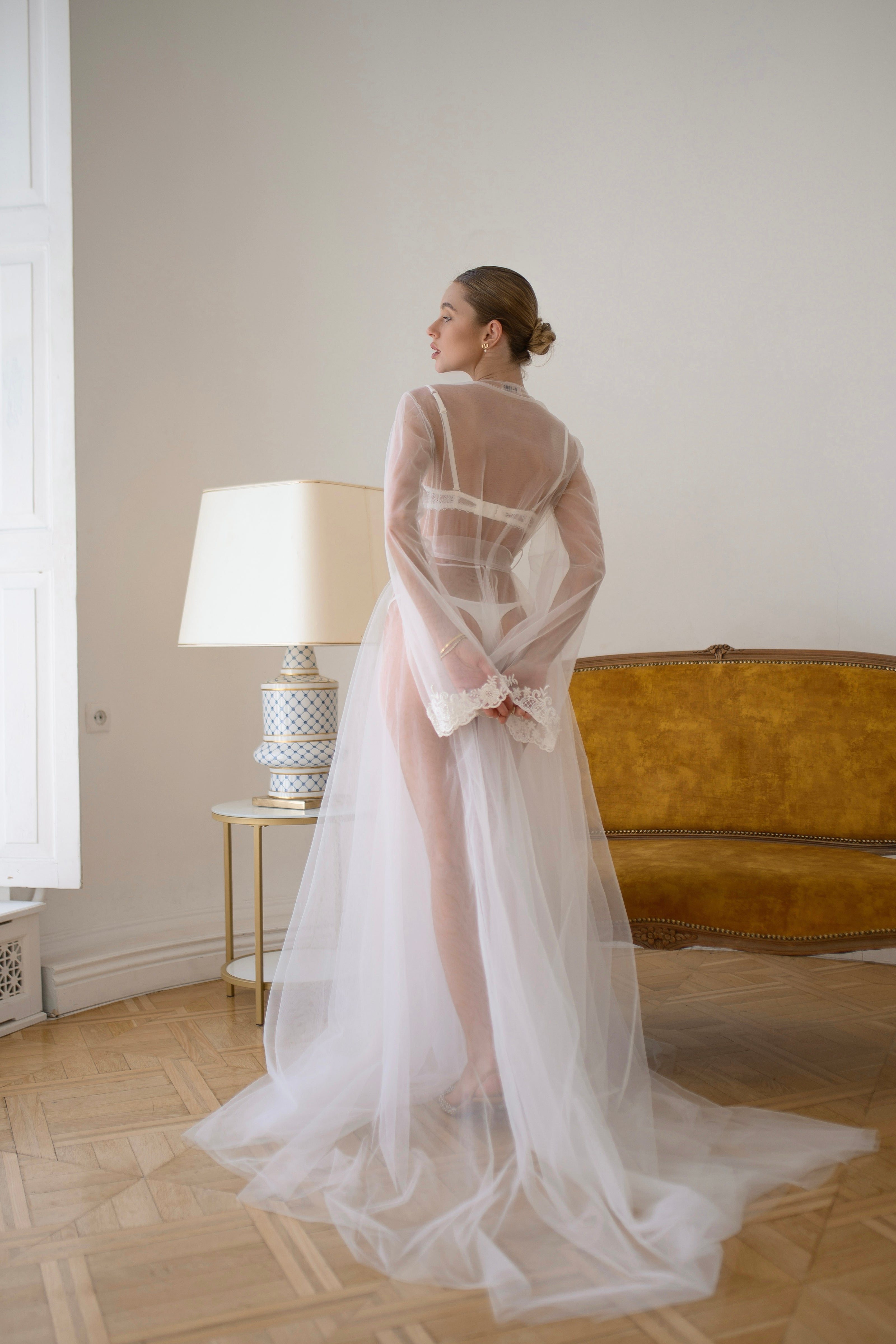 Aurelia - Sheer Bridal Robe with Lace Appliqué