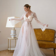 Aurelia - Sheer Bridal Robe with Lace Appliqué