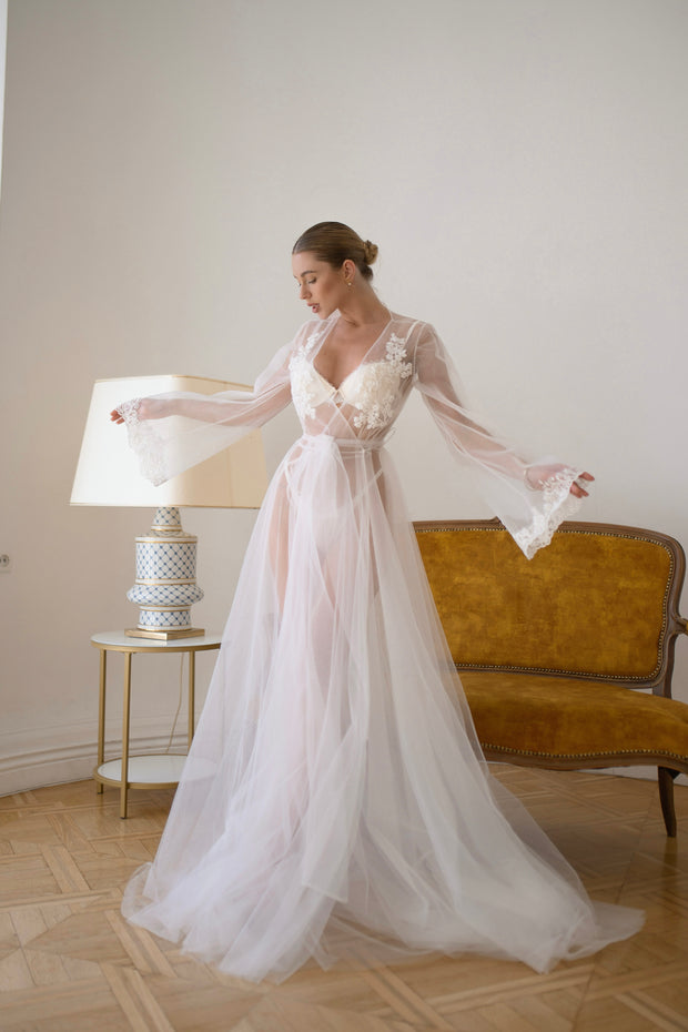 Aurelia - Sheer Bridal Robe with Lace Appliqué