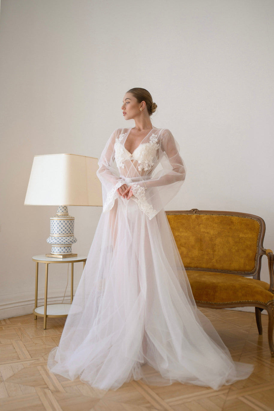 Aurelia - Sheer Bridal Robe with Lace Appliqué