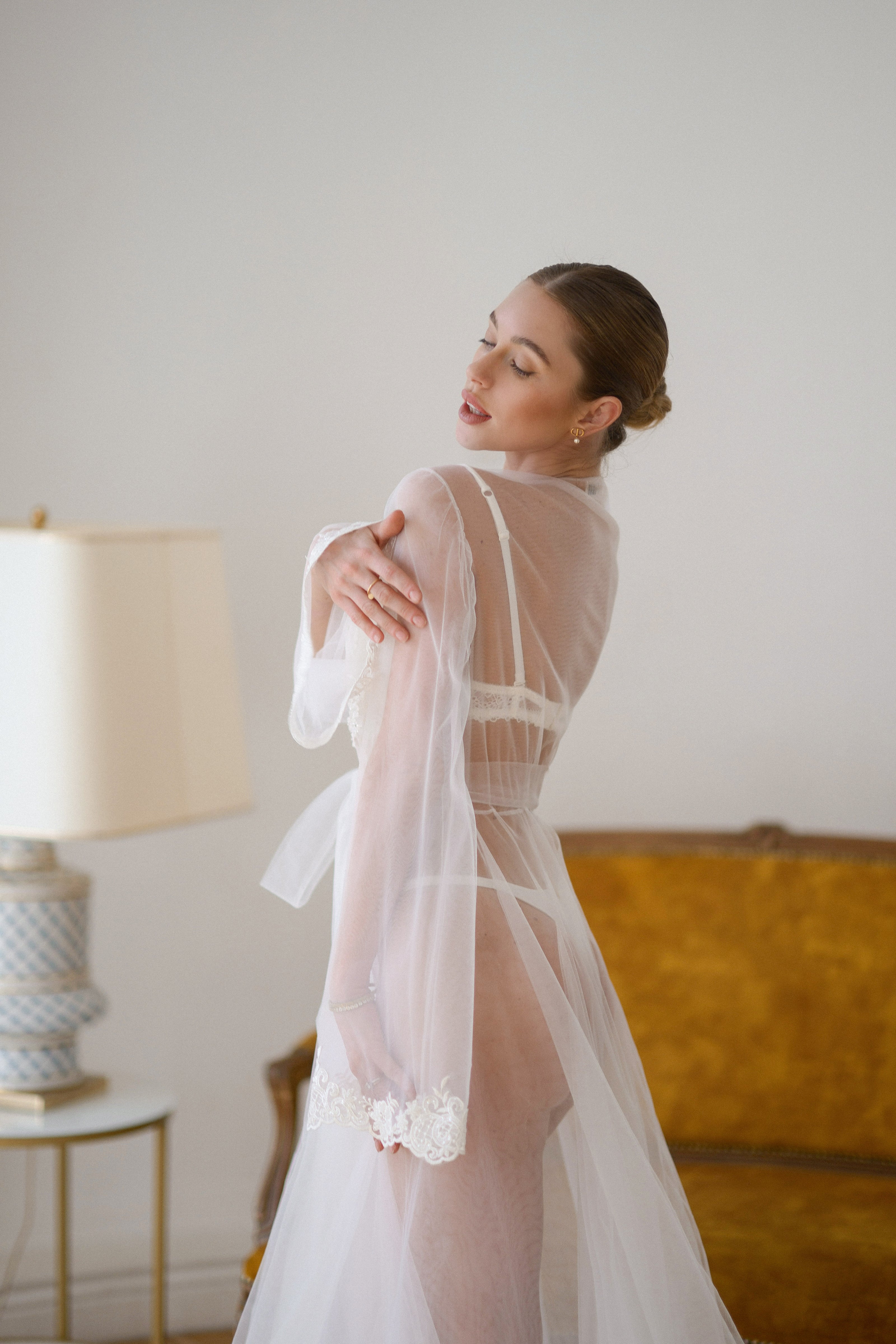 Aurelia - Sheer Bridal Robe with Lace Appliqué