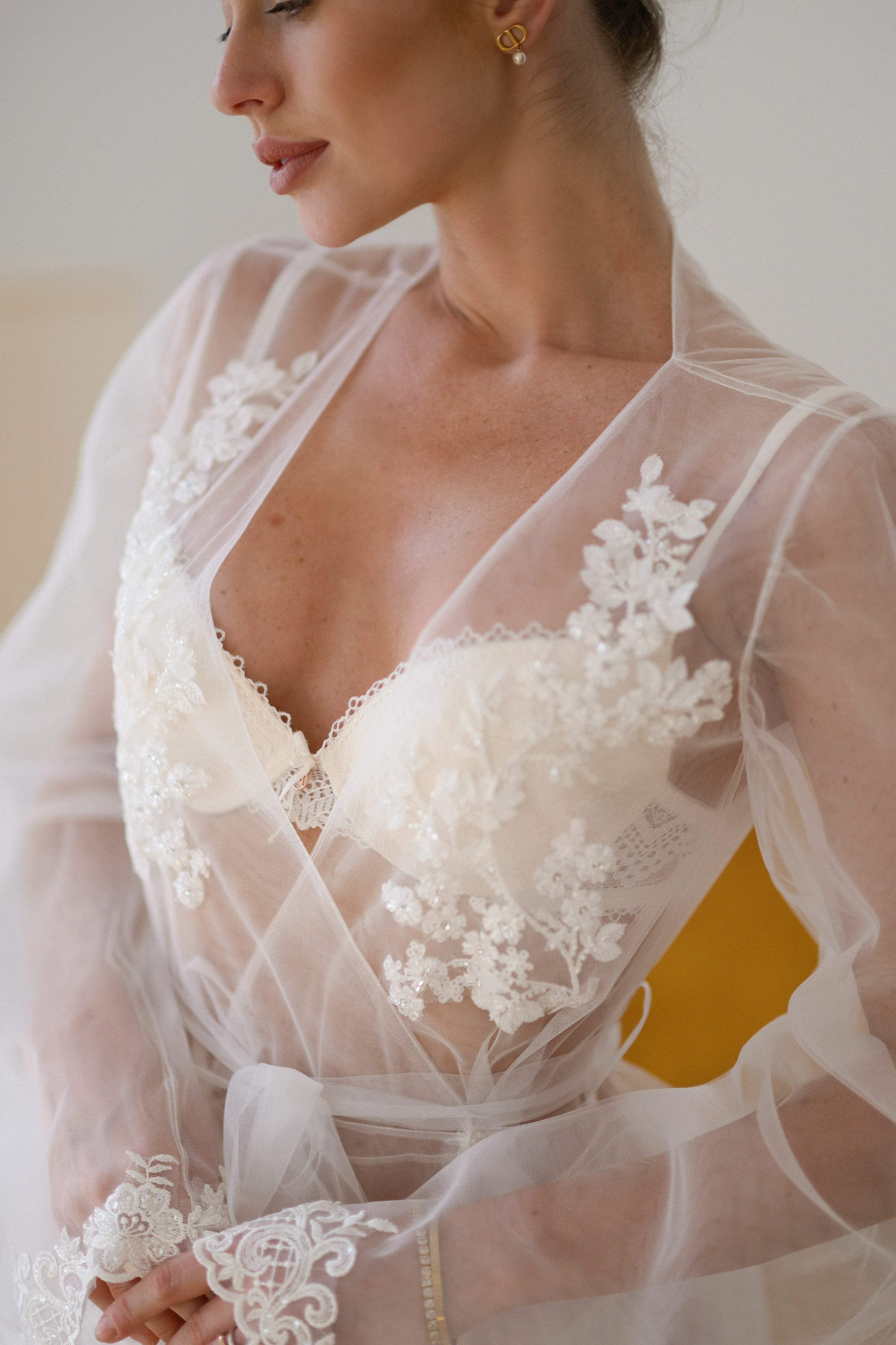 Aurelia - Sheer Bridal Robe with Lace Appliqué