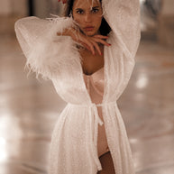 Cleo - Shimmering White Bridal Robe: Feathered Sleeve Boudoir Robe