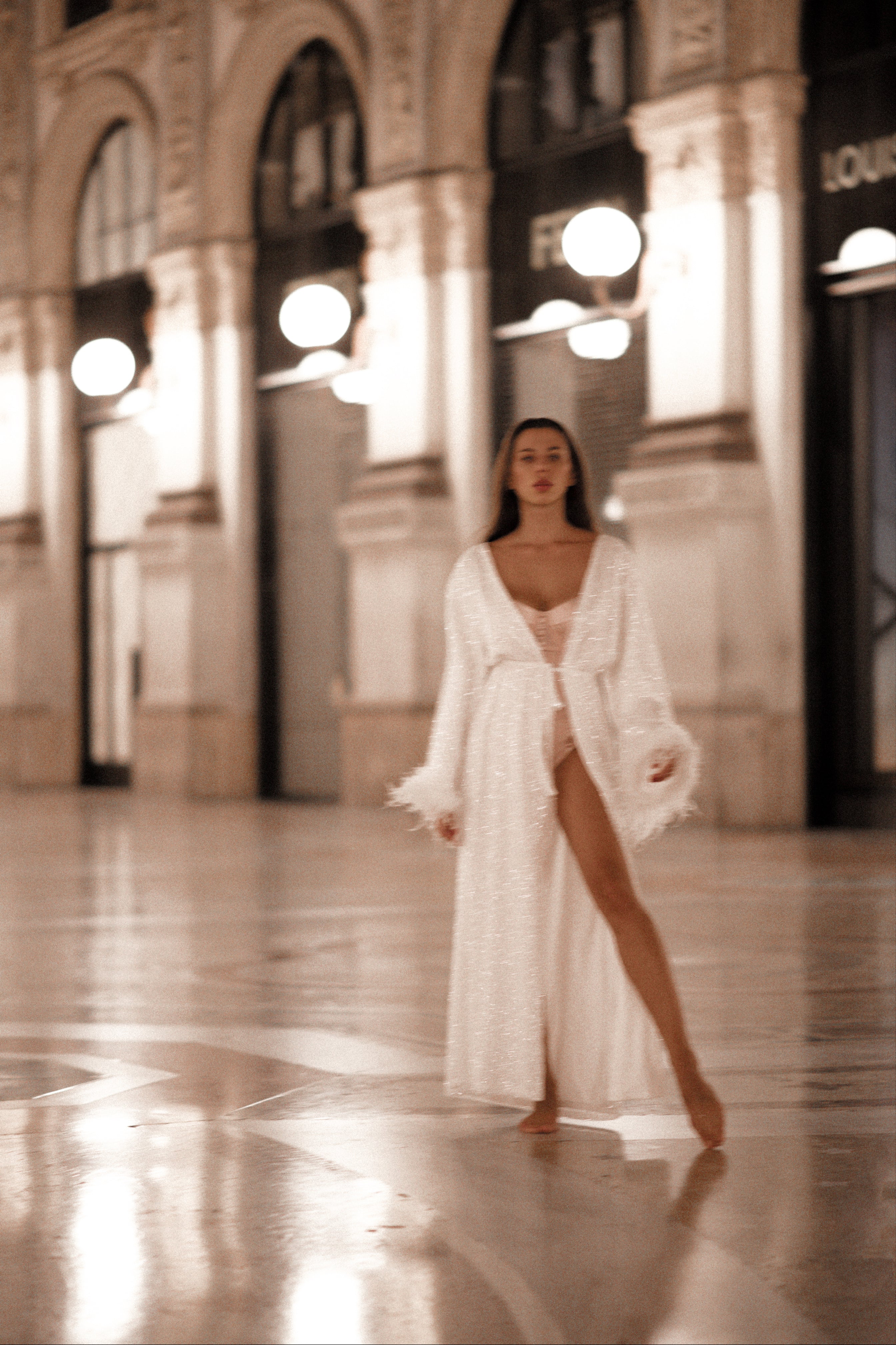 Cleo - Shimmering White Bridal Robe: Feathered Sleeve Boudoir Robe