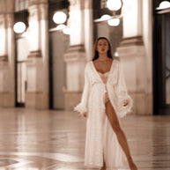 Cleo - Shimmering White Bridal Robe: Feathered Sleeve Boudoir Robe