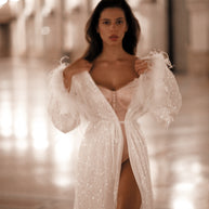 Cleo - Shimmering White Bridal Robe: Feathered Sleeve Boudoir Robe