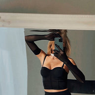 Midnight Elegance: Long Black Soft Mesh Gloves