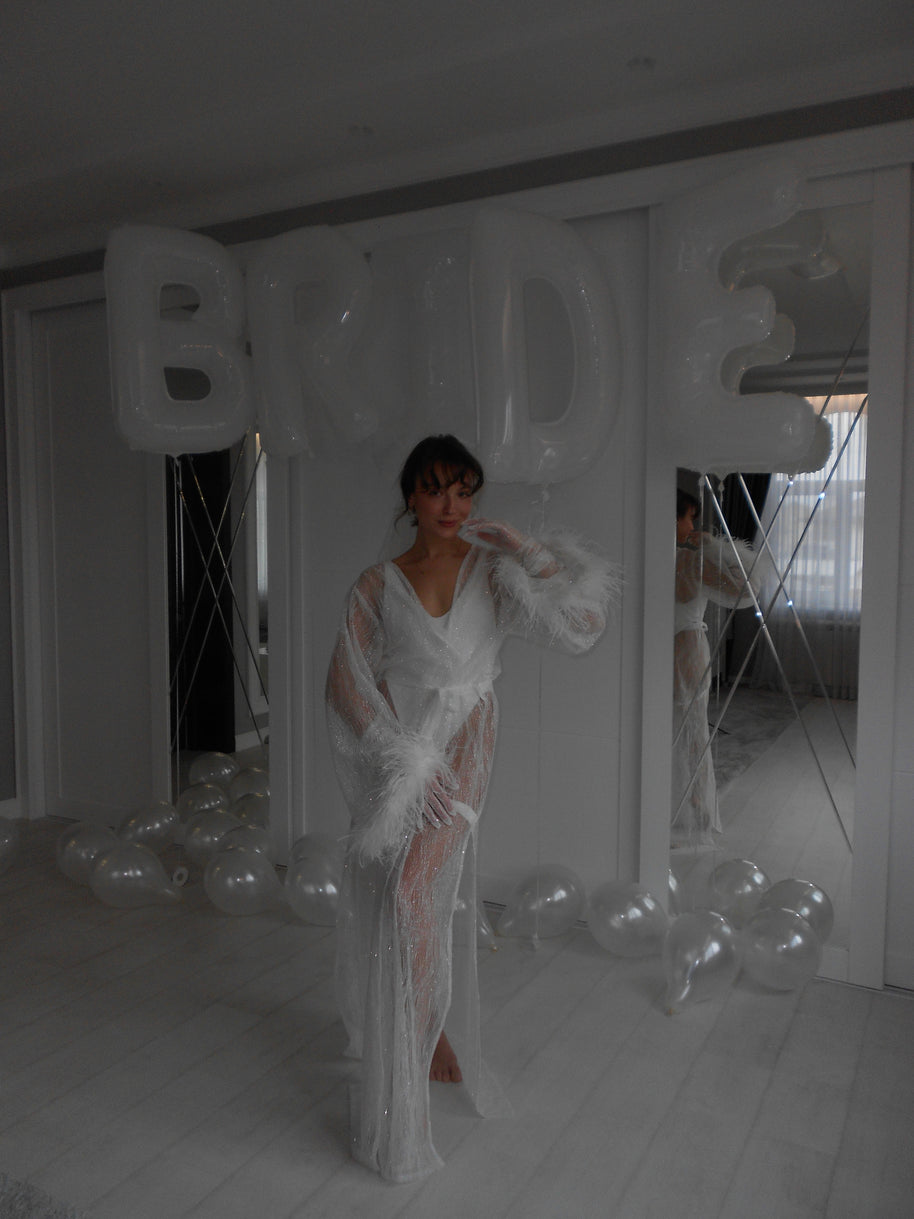 Victoria - Milky Sparkle Bridal Robe with Feathers