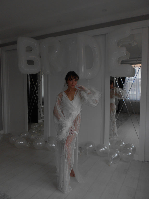Victoria - Milky Sparkle Bridal Robe with Feathers