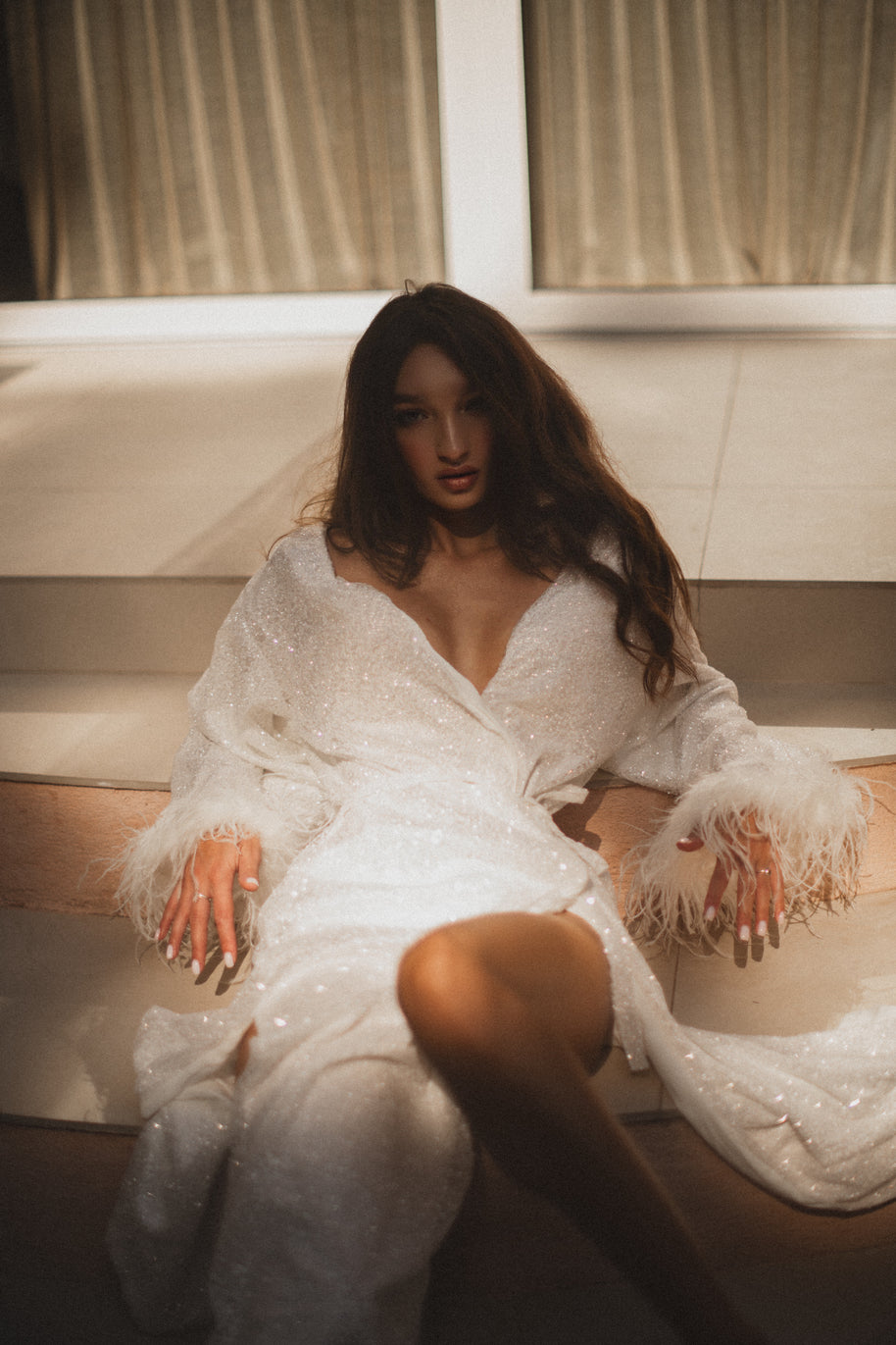 Shiny White Bridal Boudoir Robe with Feathered Sleeves