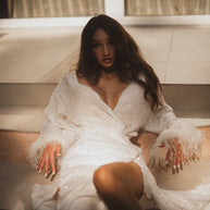 Shiny White Bridal Boudoir Robe with Feathered Sleeves