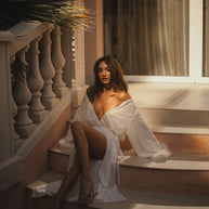 Shiny White Bridal Boudoir Robe with Feathered Sleeves