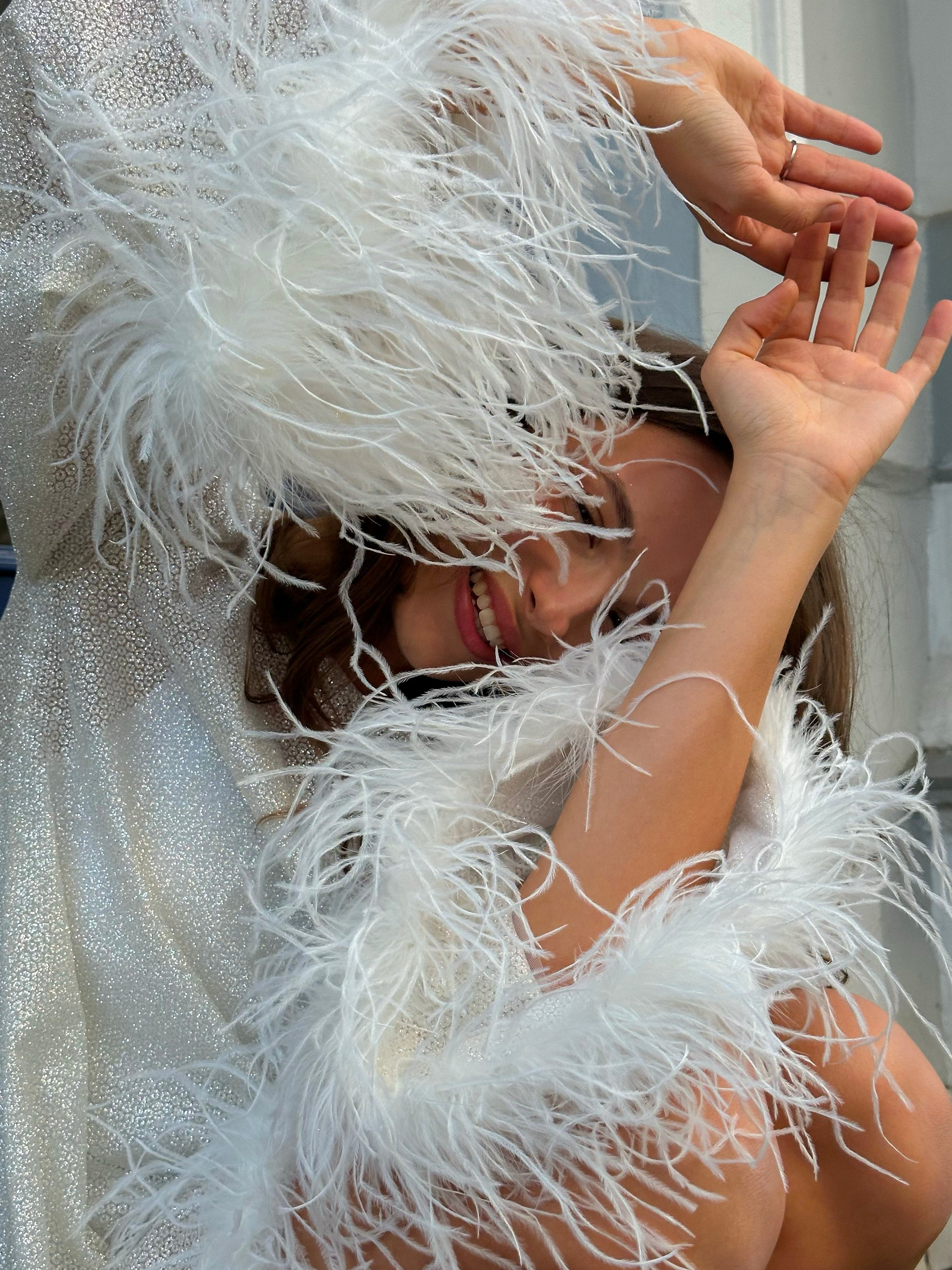 Glamorous Silver Glitter Dress with Ostrich Feather Details