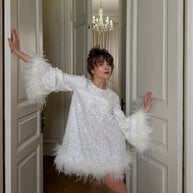 Sequin Short Wedding Dress with Ostrich Feathers