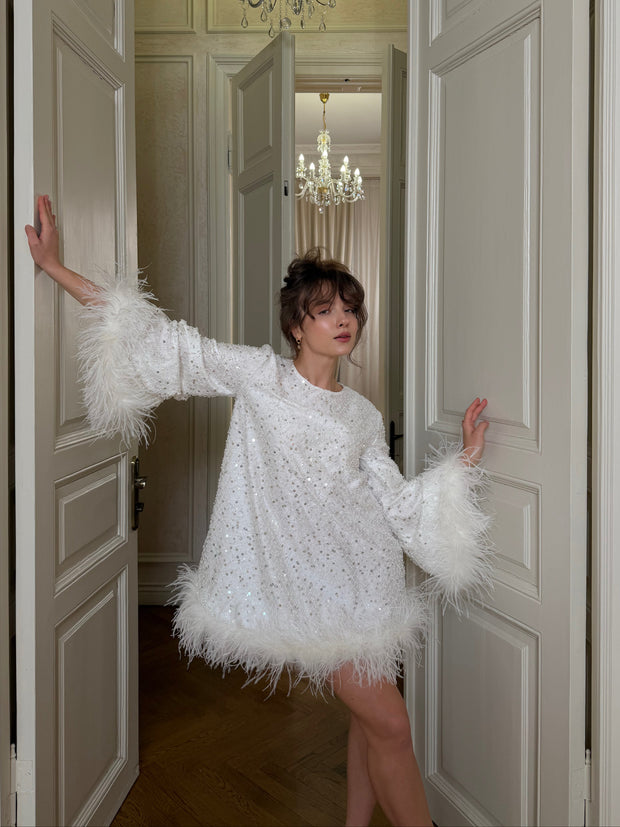 Sequin Short Wedding Dress with Ostrich Feathers