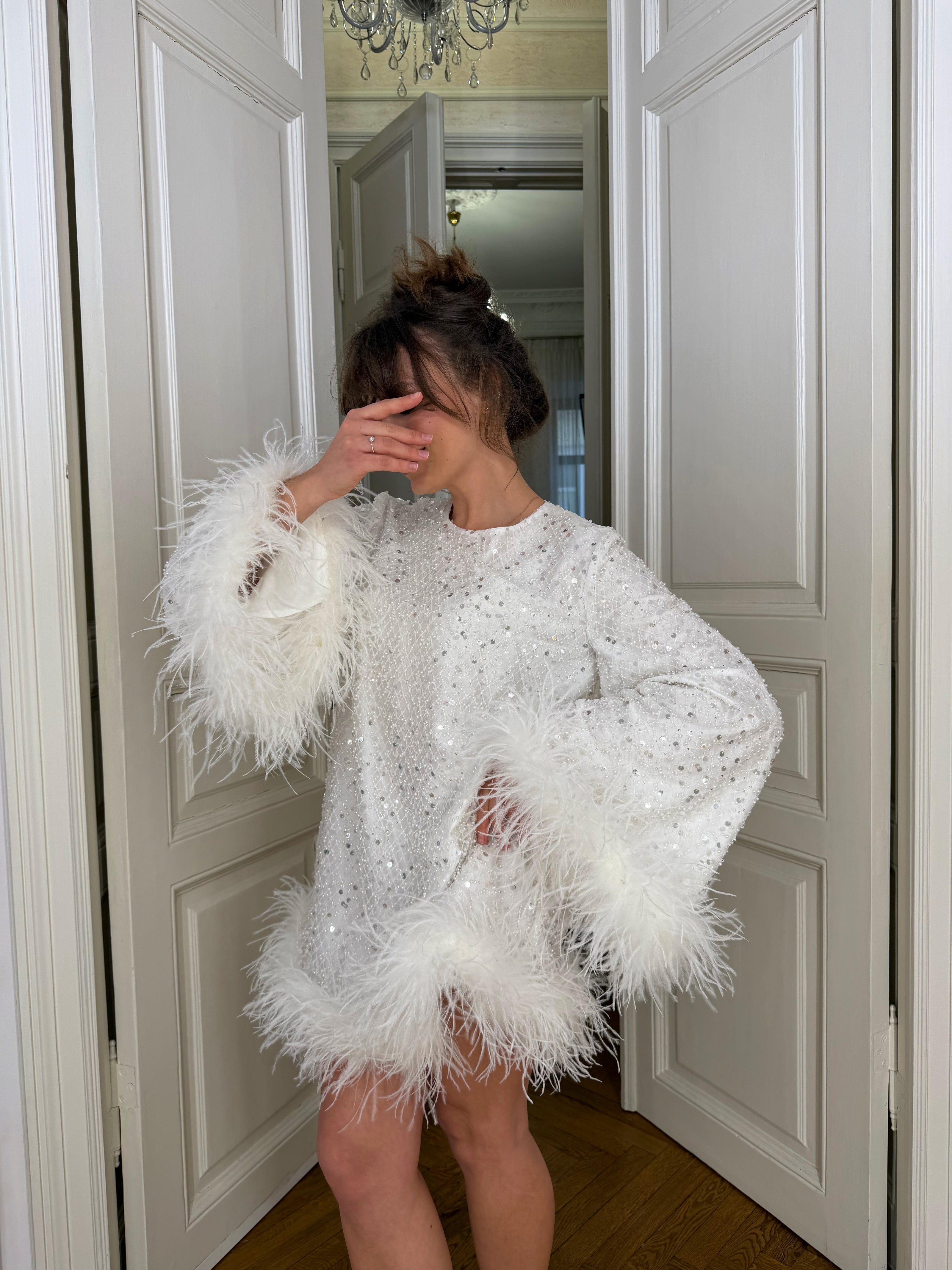 Sequin Short Wedding Dress with Ostrich Feathers
