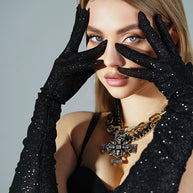 Elegance Unveiled: Black Shiny Glitter Gloves