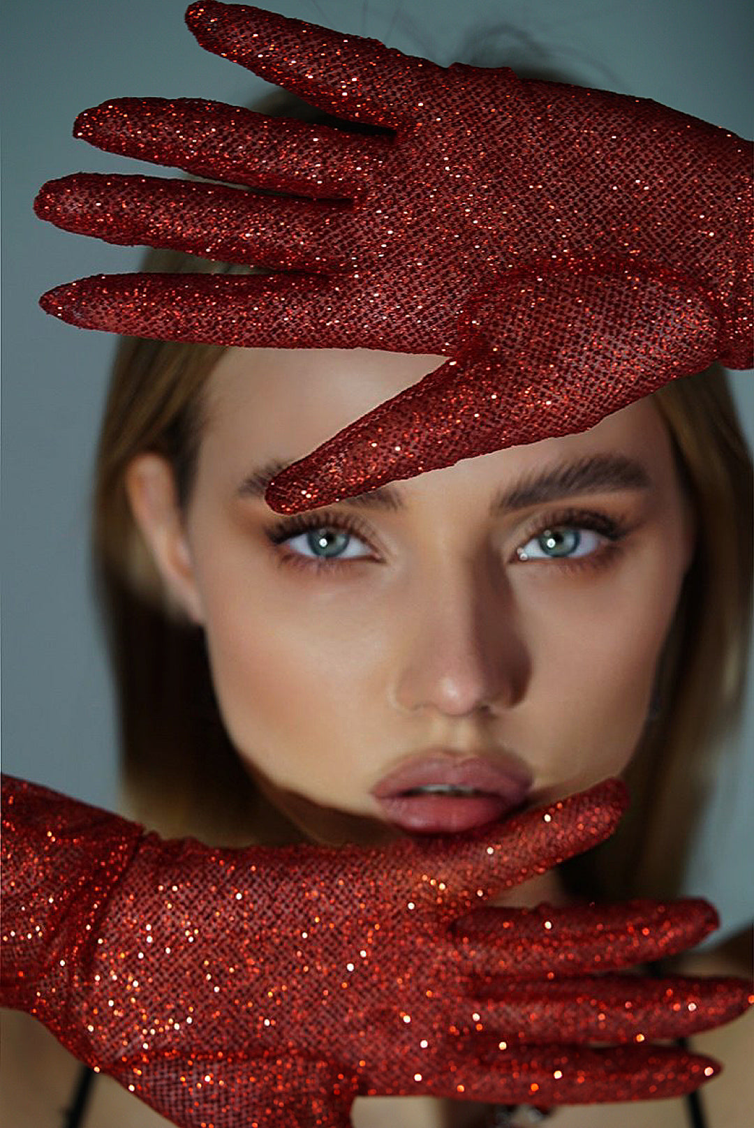 Dazzle in Crimson - Long Red Shiny Glitter Gloves