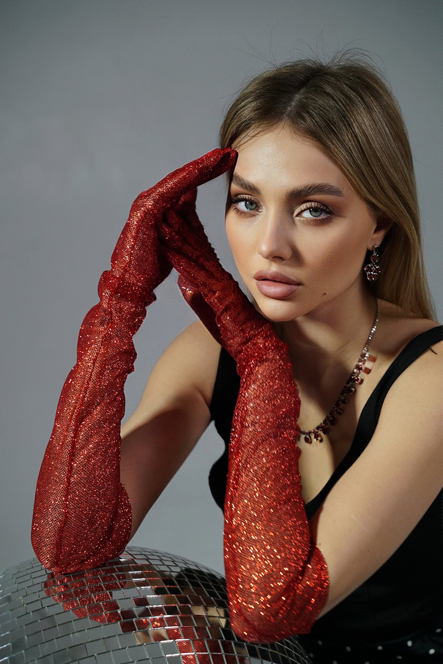 Dazzle in Crimson - Long Red Shiny Glitter Gloves