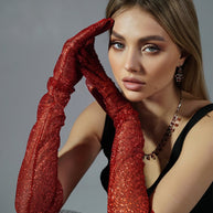 Dazzle in Crimson - Long Red Shiny Glitter Gloves