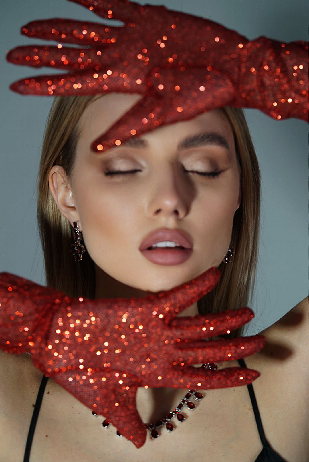 Dazzle in Crimson - Long Red Shiny Glitter Gloves